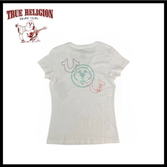 True Religion White Slim Glitter Logo V-Neck Tee - Picture 1 of 10